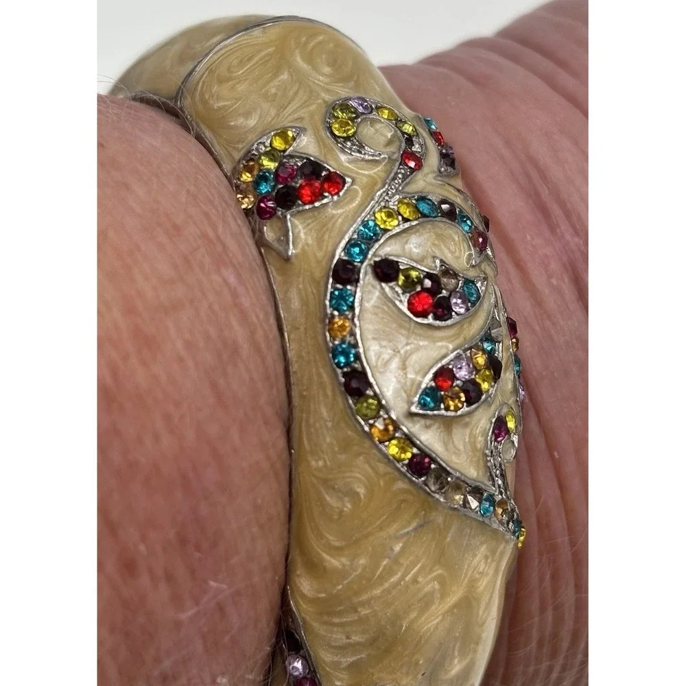 Vintage Rhinestone Bracelet Cream Marbled Enamel Hinged Clamper Art Nouveau READ
